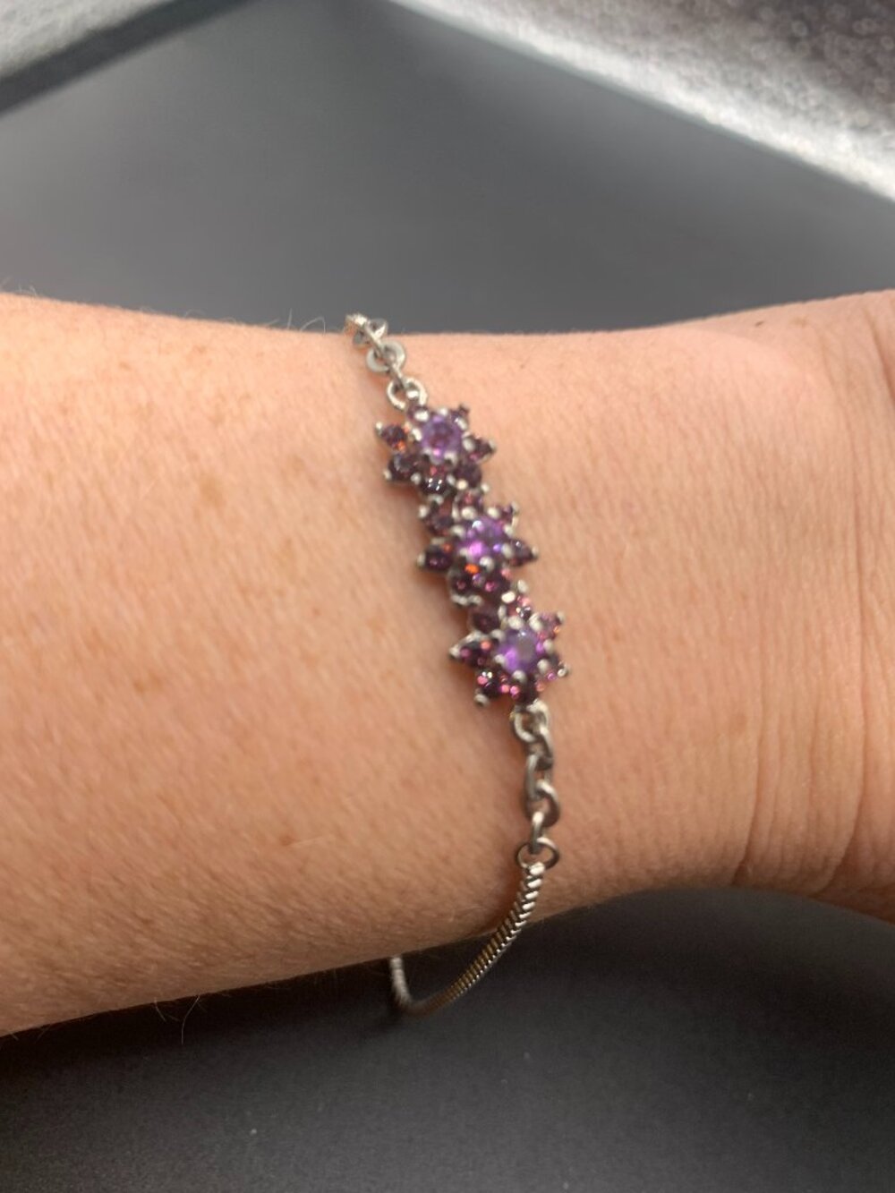 Purple Trio Rhinestone Adjustable Silver Toned Bracelet SELLING AS IS